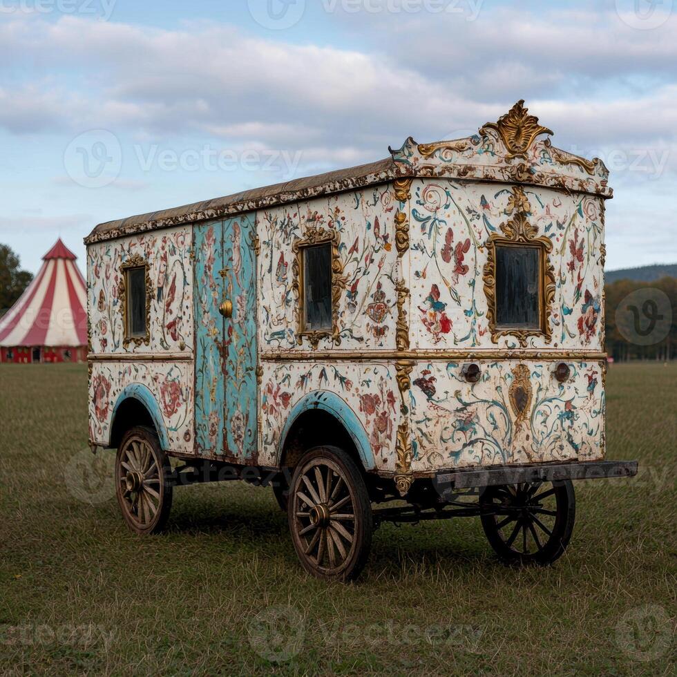 Ornate vintage caravan in a field photo