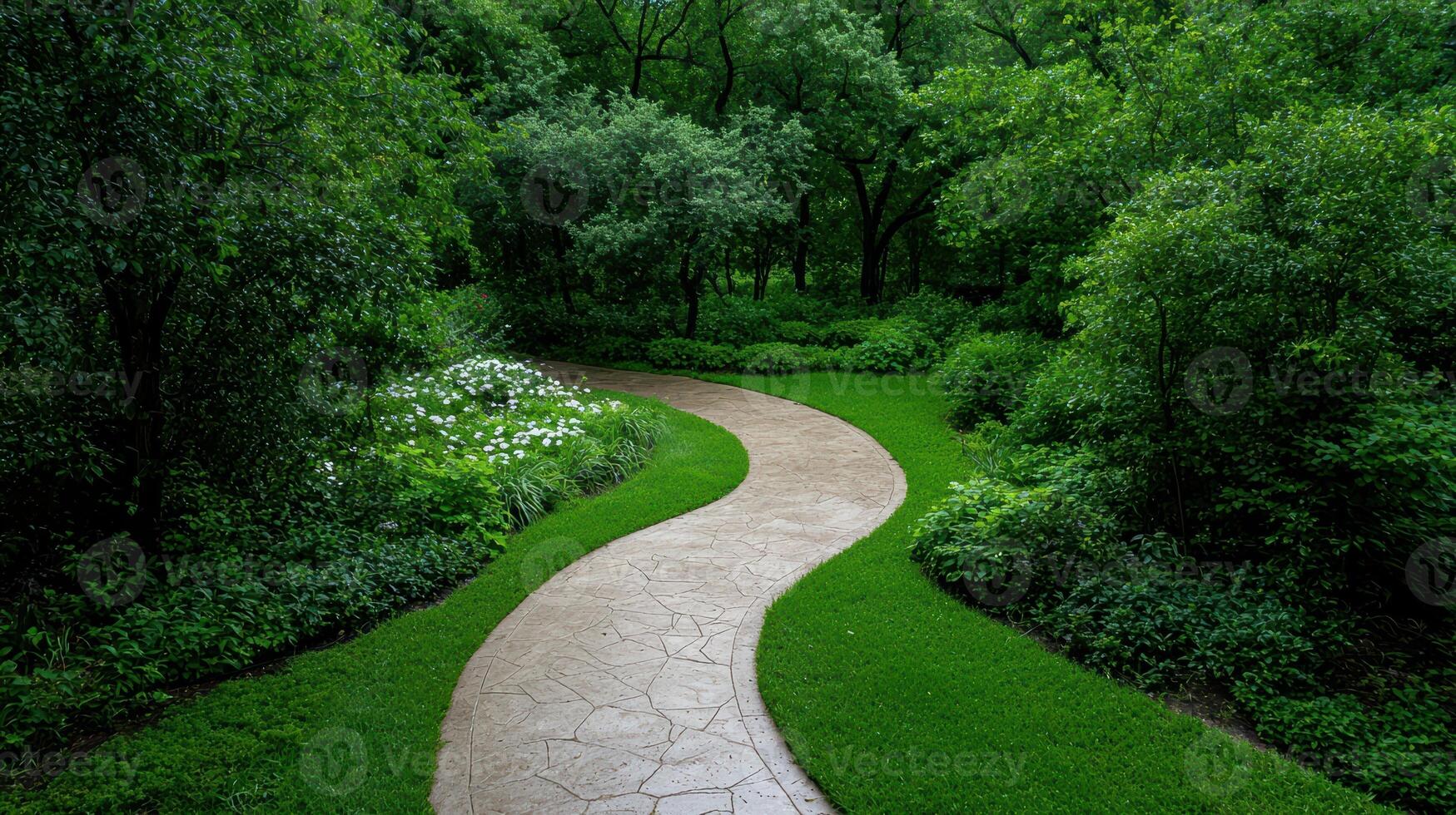 A winding stone path through a lush green garden photo