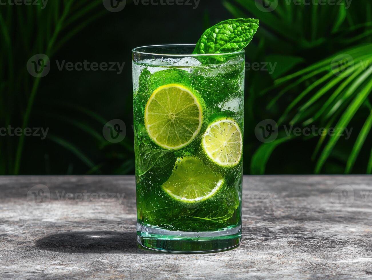 Refreshing lime and mint drink in a tall glass photo