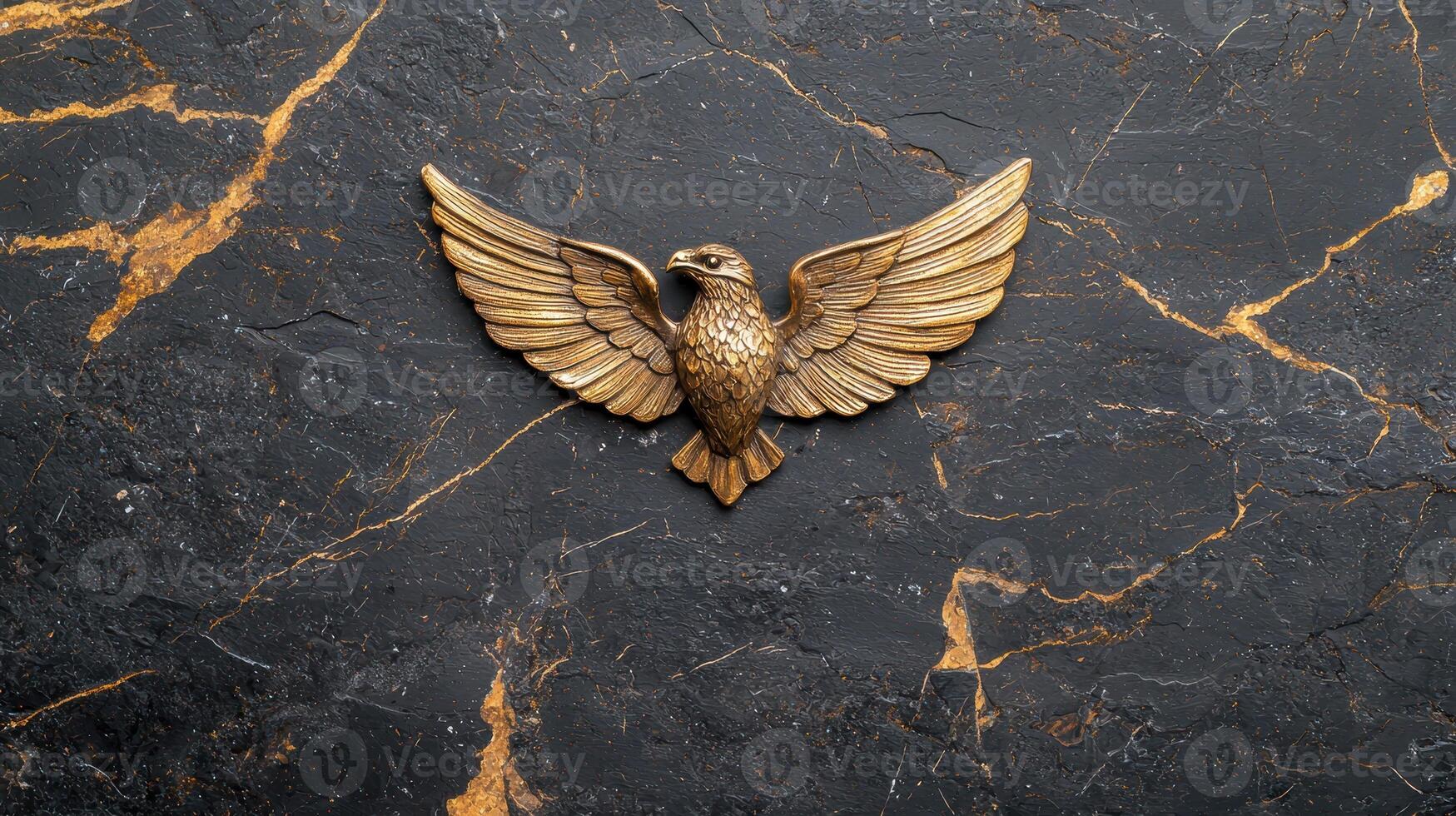Golden eagle statue on black marble background photo