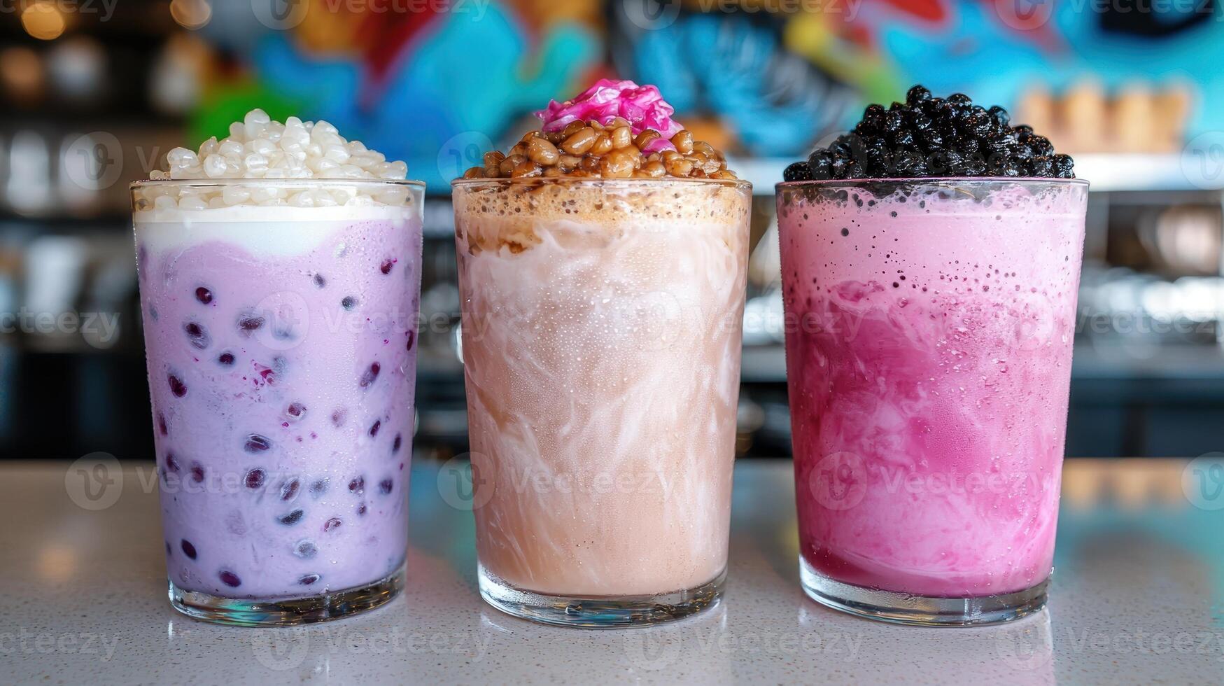Three refreshing summer drinks with tapioca pearls and unique toppings photo