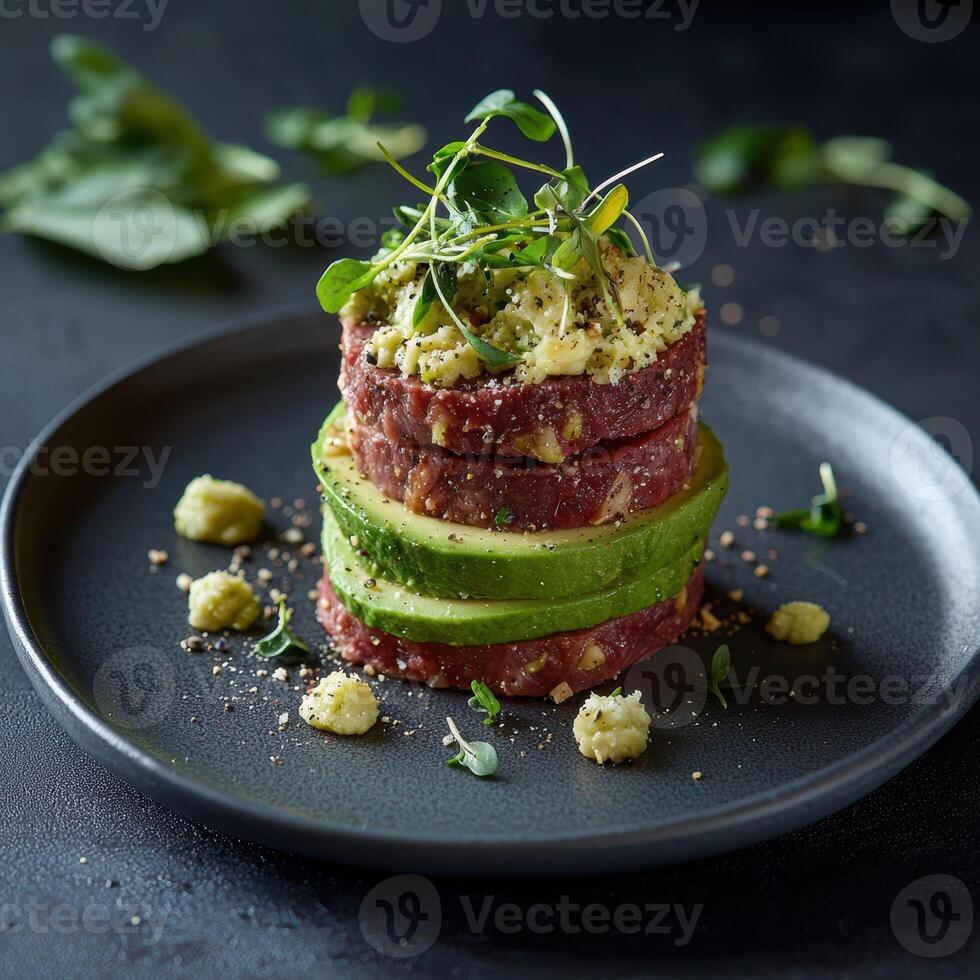 Delicious beef tartare appetizer with avocado and microgreens photo