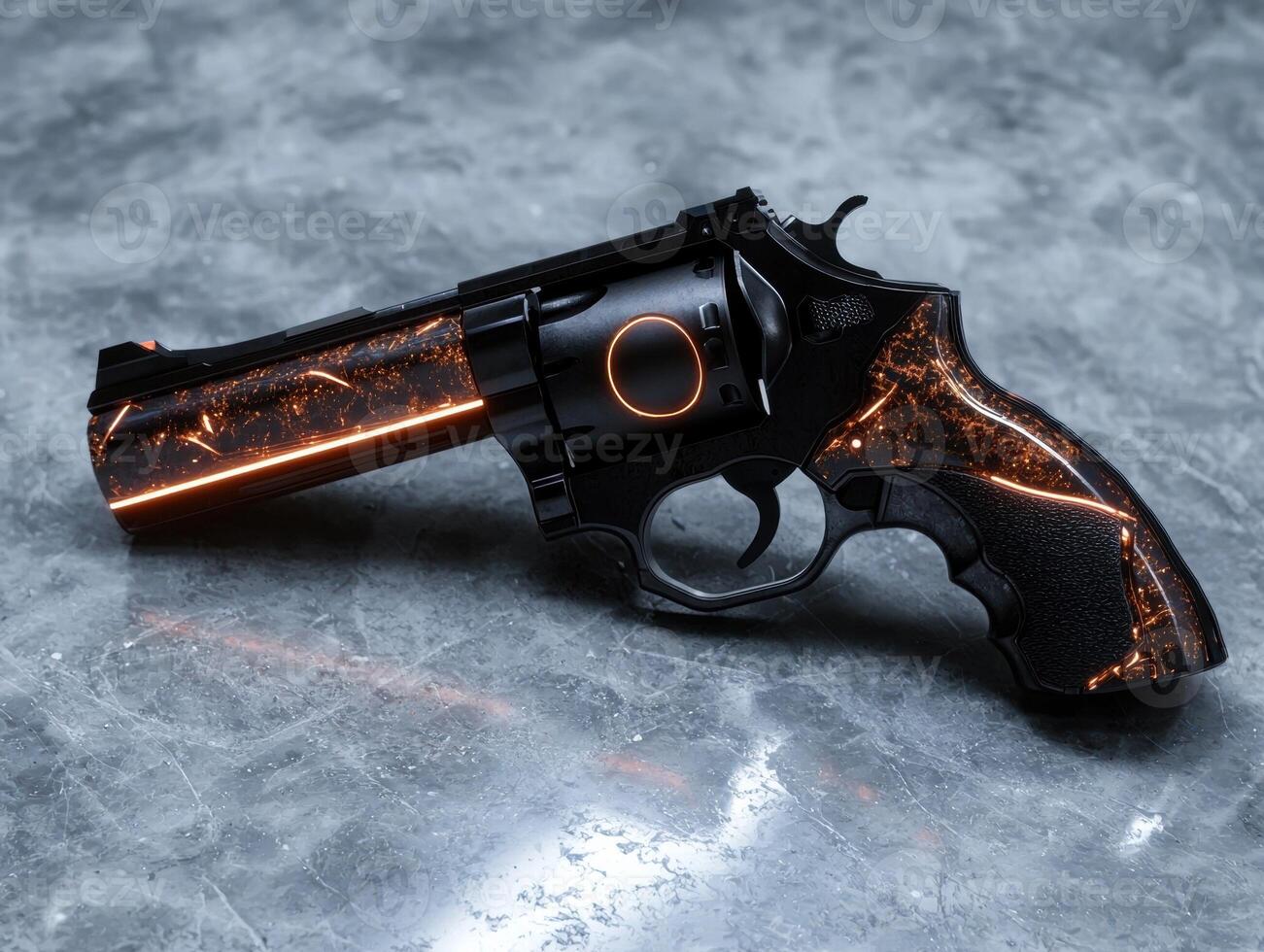 Futuristic revolver with glowing orange accents on dark background photo
