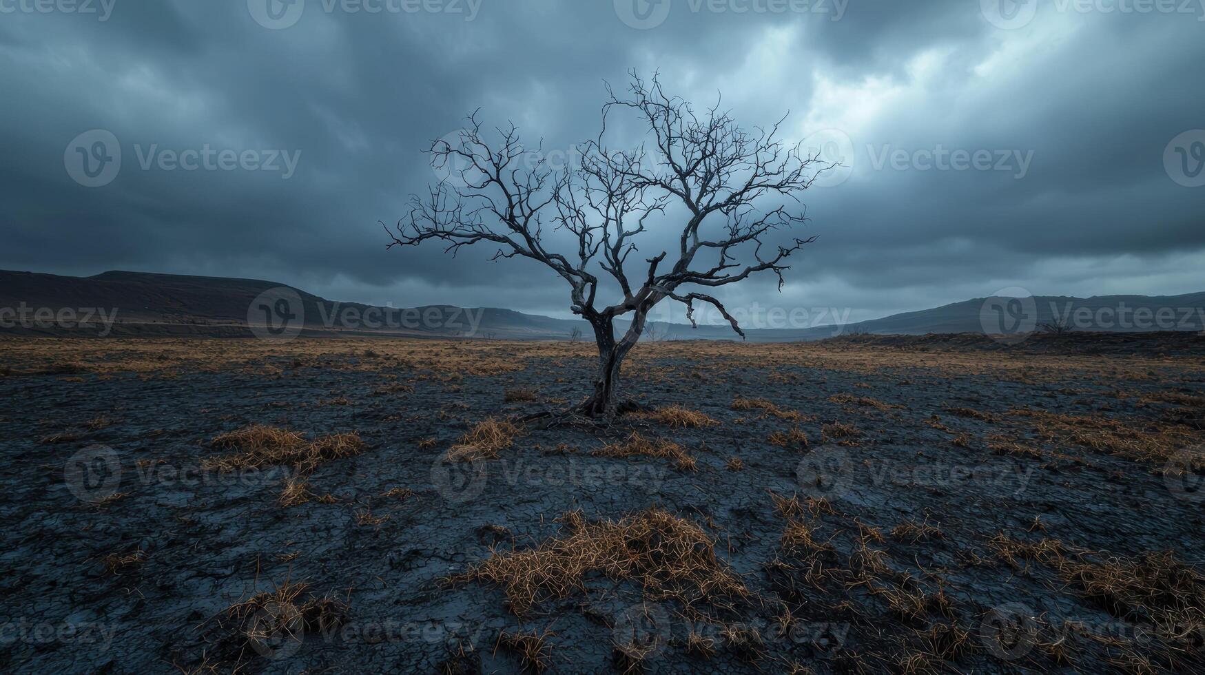 Lonely dead tree in a desolate landscape under a dramatic sky photo