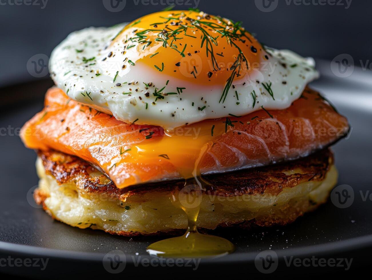 Delicious potato pancake topped with smoked salmon and a fried egg photo