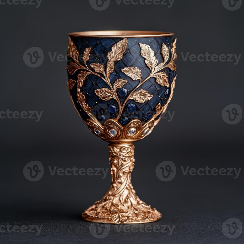 Ornate golden goblet with blue sapphires and diamonds photo
