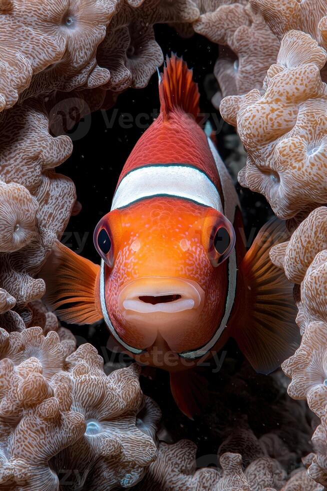 Close up of a vibrant orange clownfish peering from its anemone home photo