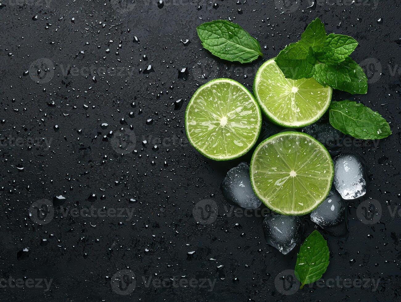 Close up of lime slices, mint leaves, and ice cubes on a dark background photo