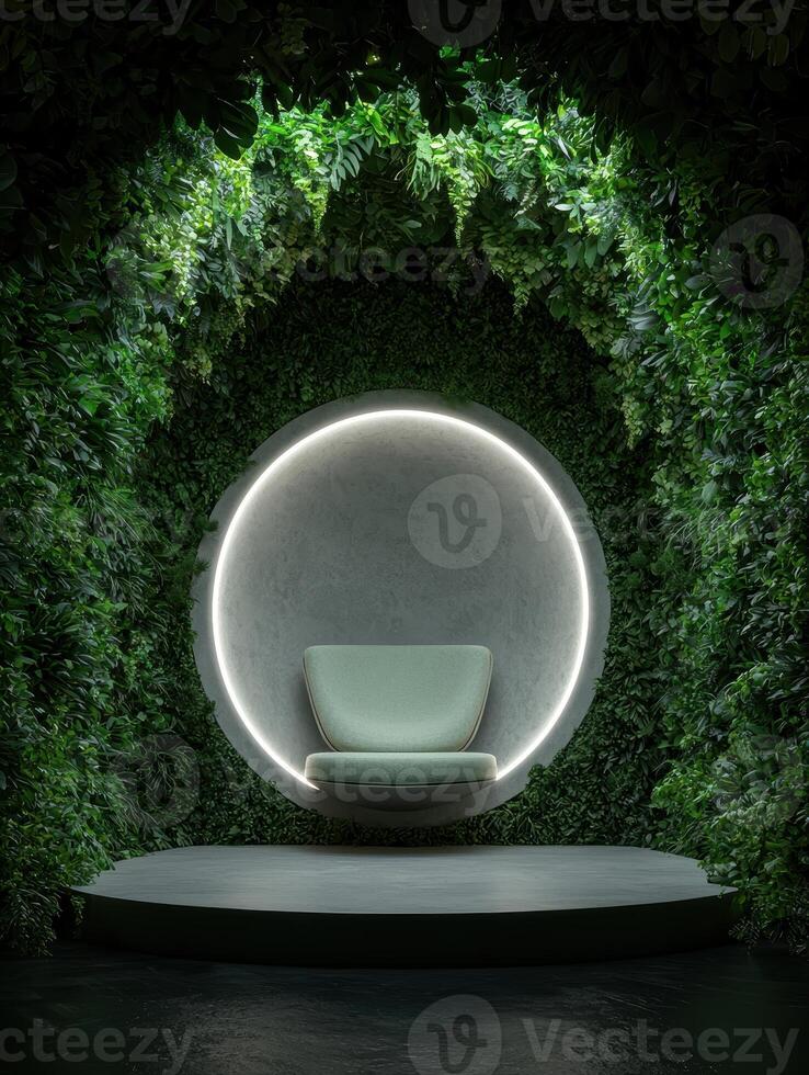 Modern chair in a circular niche surrounded by lush green plants photo