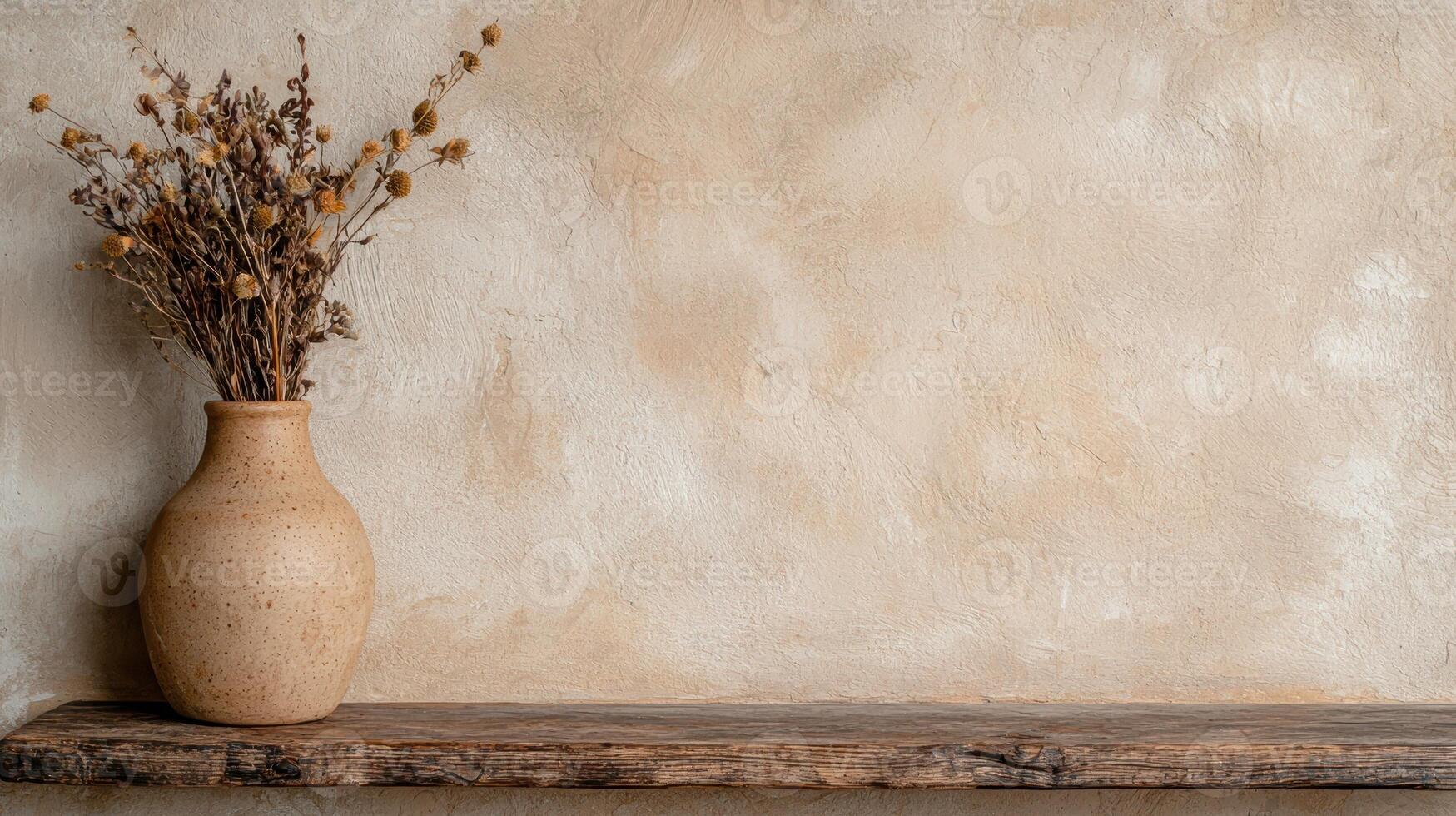 Dried flowers in a vase on a wooden shelf against a textured wall photo