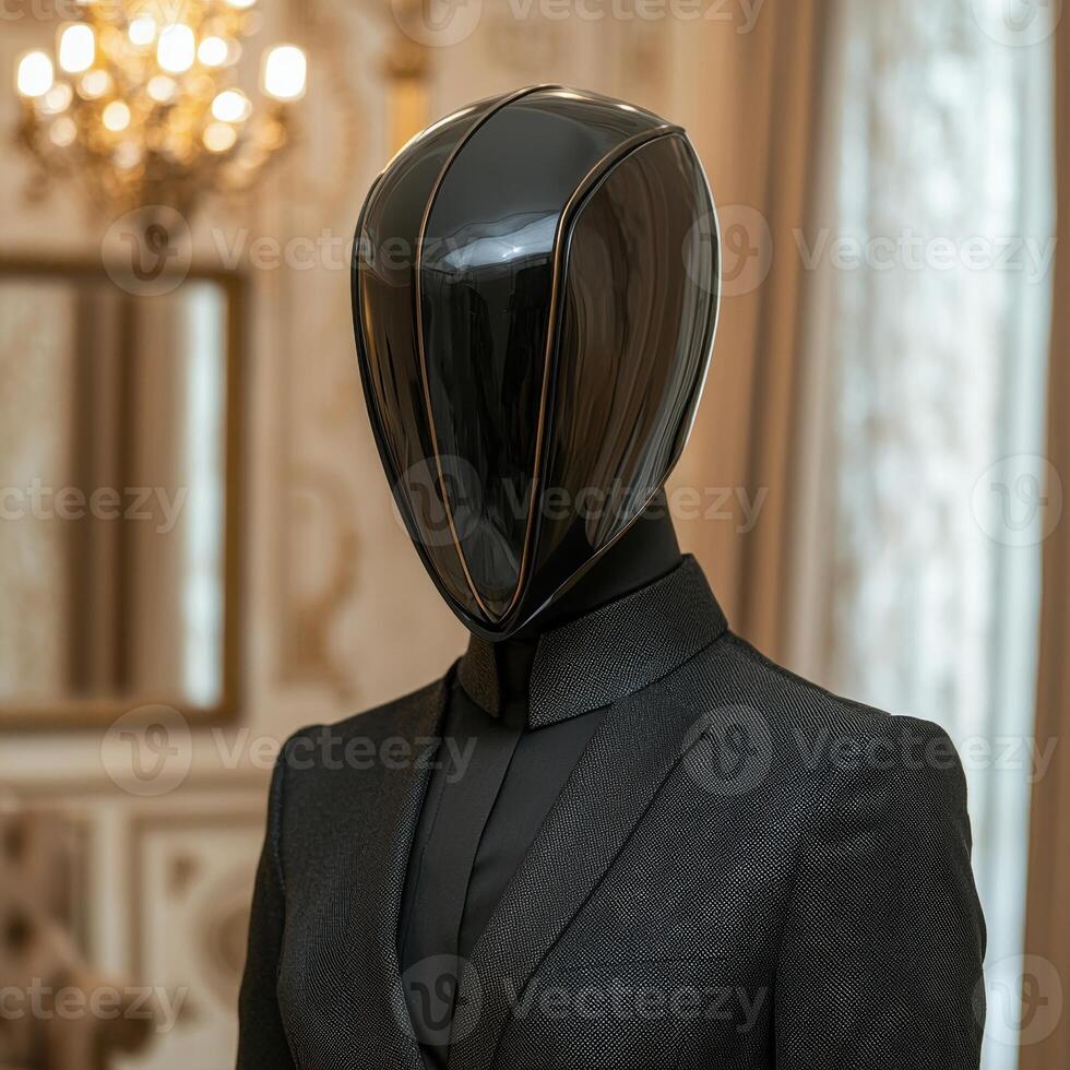 Futuristic black helmet and suit on mannequin in elegant room photo