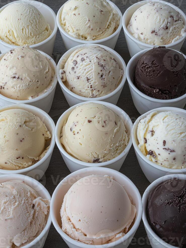 Scoops of delicious ice cream in white cups photo