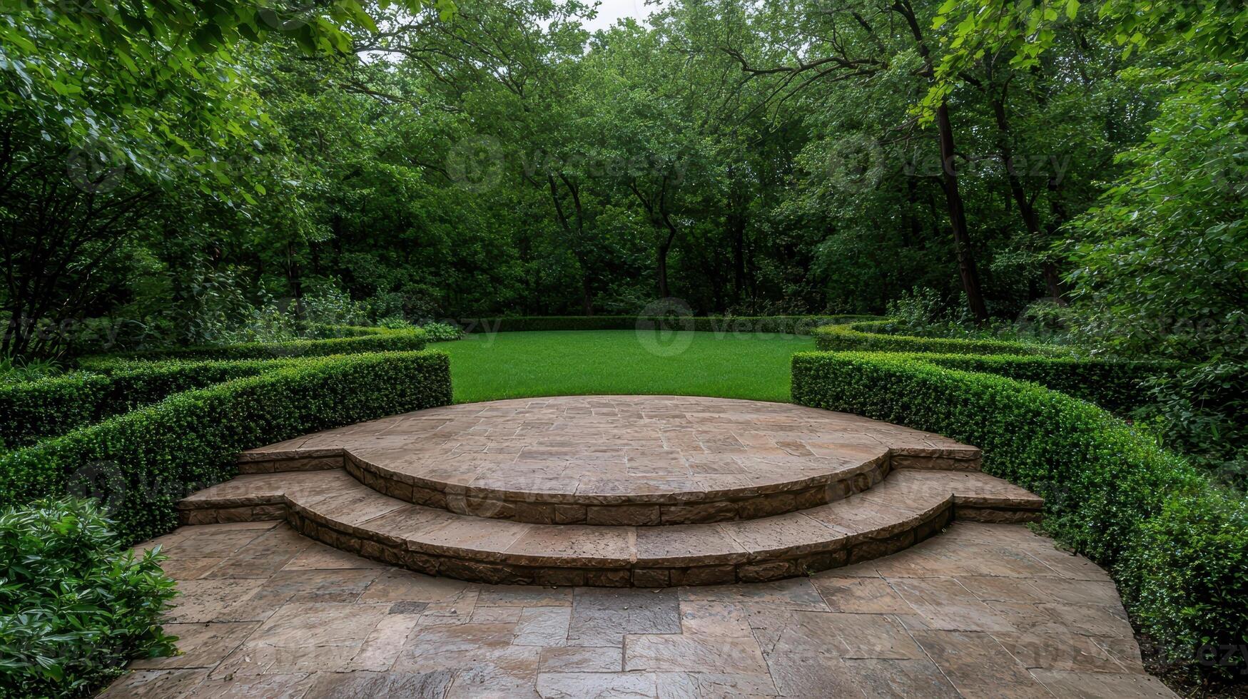 Stone Patio and Steps Leading to a Lush Green Lawn photo