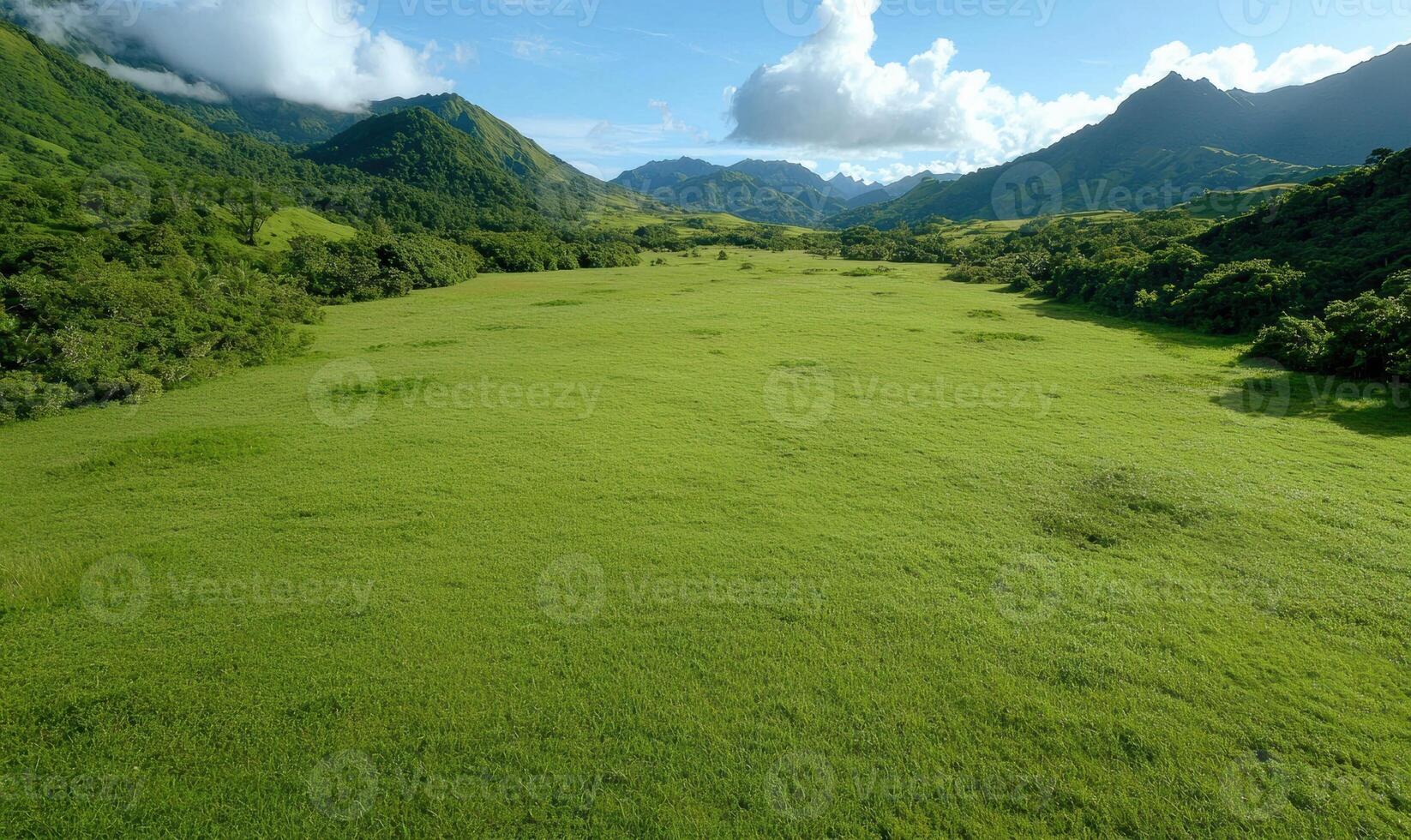 Lush green valley surrounded by majestic mountains. photo