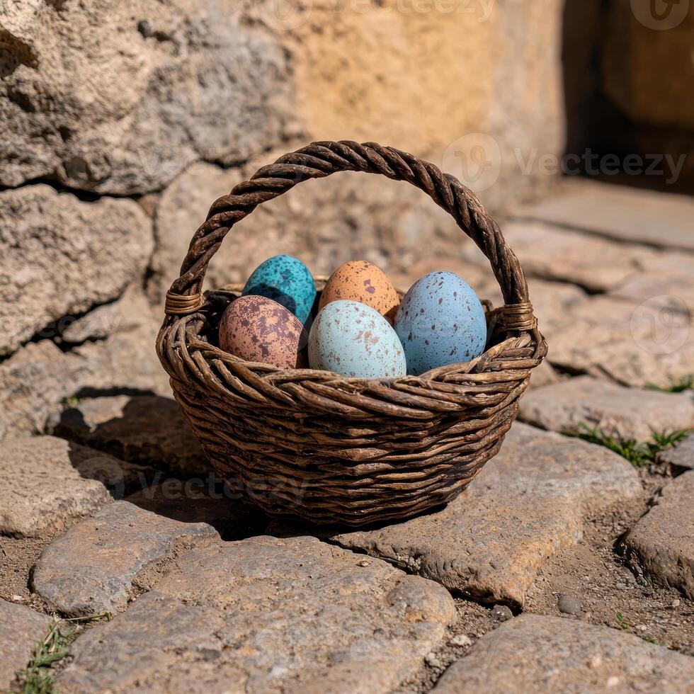Easter eggs in a wicker basket. photo