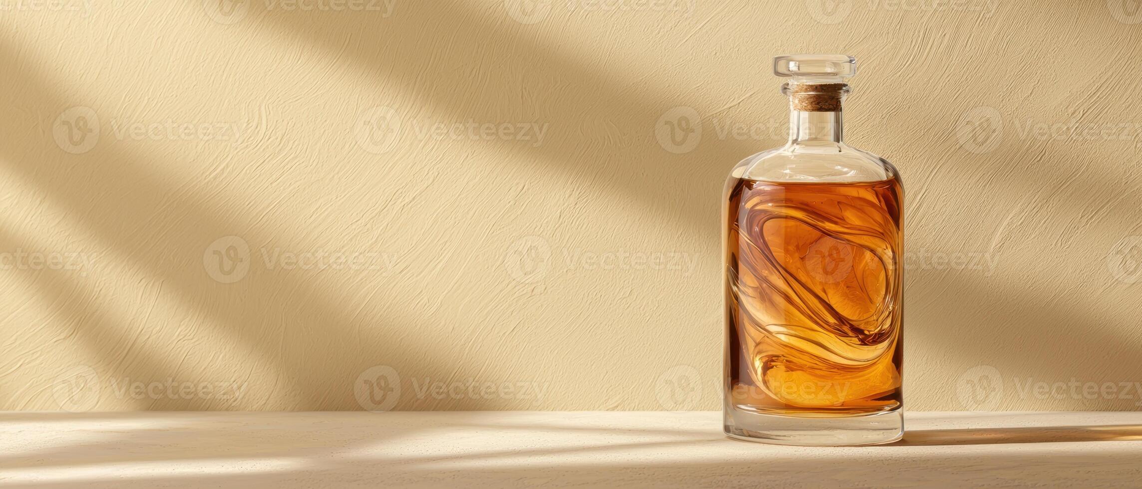 Amber liquid in a glass bottle on a light wooden surface photo