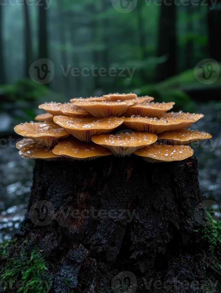 Cluster of mushrooms growing on a tree stump in a forest photo