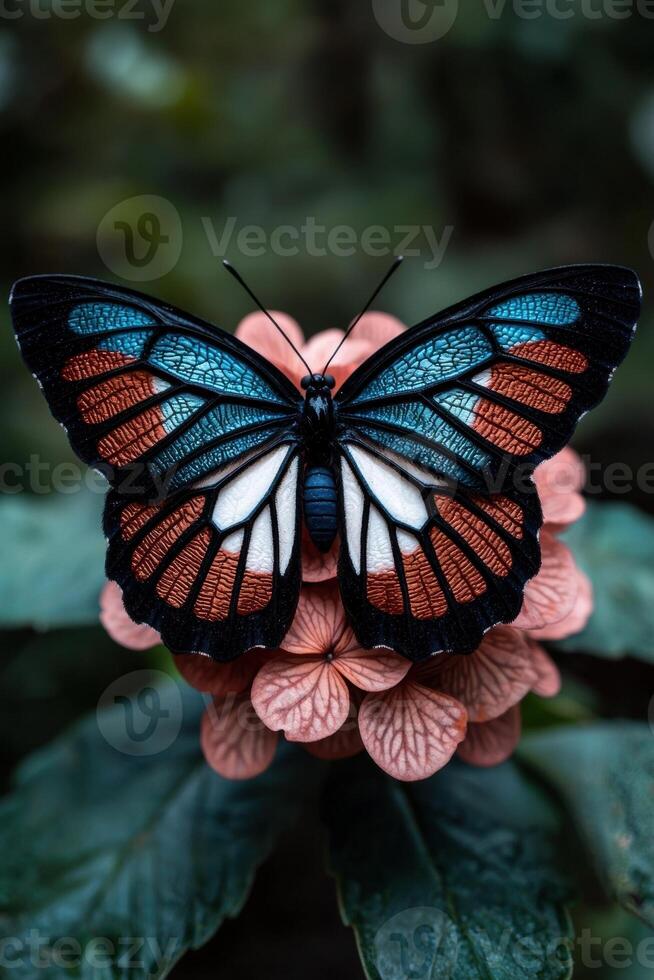 Closeup of a butterfly with blue and orange wings on a pink flower photo