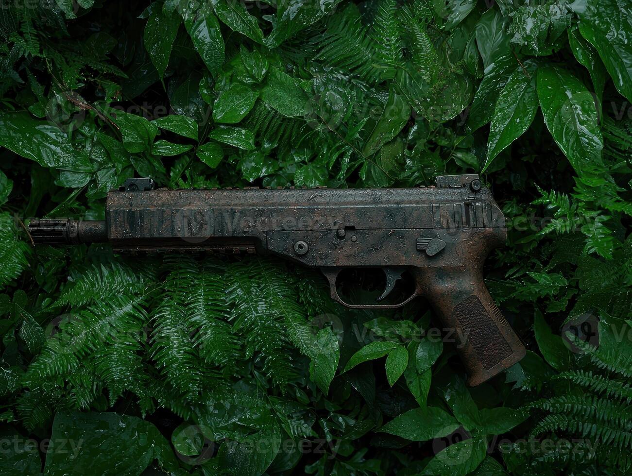 Camouflaged firearm resting on lush green foliage photo