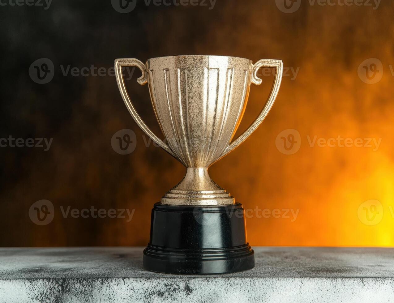 Gold trophy award on a gray surface with a blurred orange and brown background photo