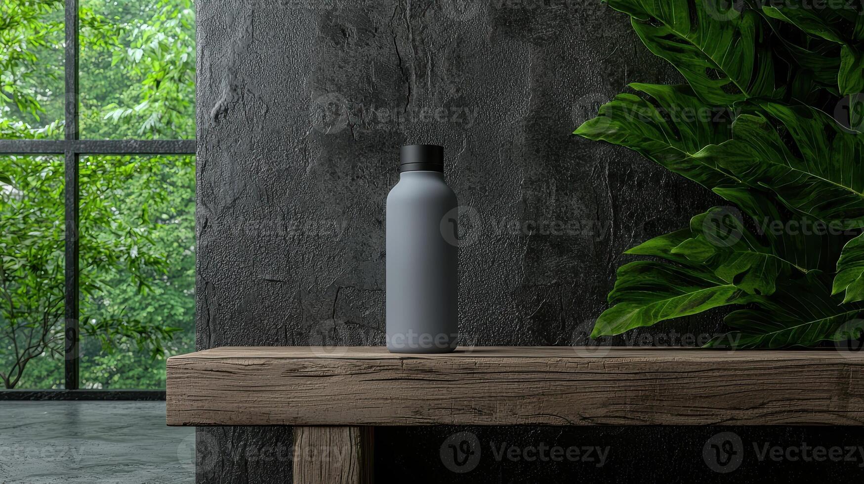 Gray bottle on wooden shelf against dark wall photo