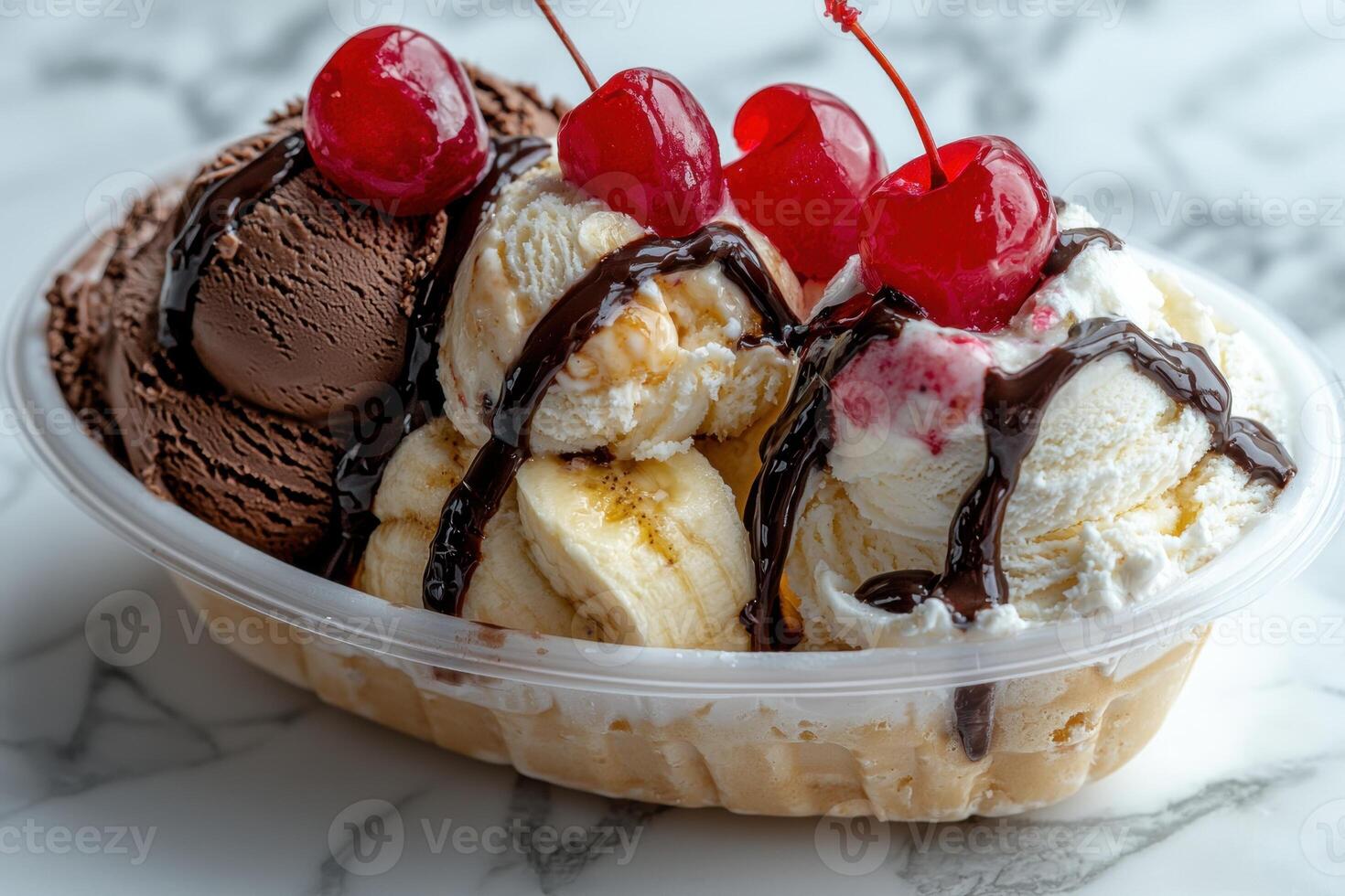 Banana split sundae with chocolate and vanilla ice cream, cherries and chocolate sauce photo