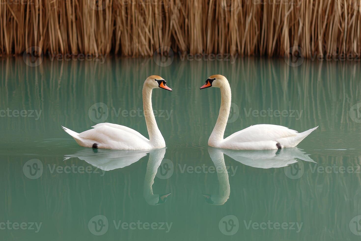Two graceful swans facing each other on a calm lake photo