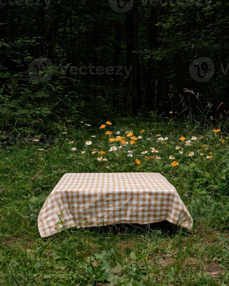 Checkered tablecloth on a table in a forest clearing photo