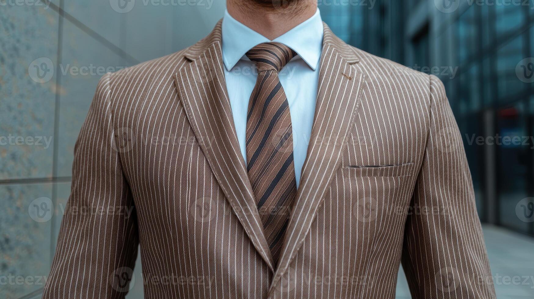 Close up of a man in a brown pinstripe suit and tie photo