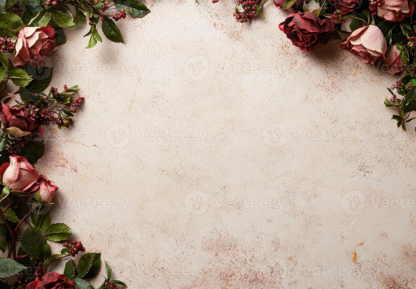 Romantic rose border frame on grunge background photo