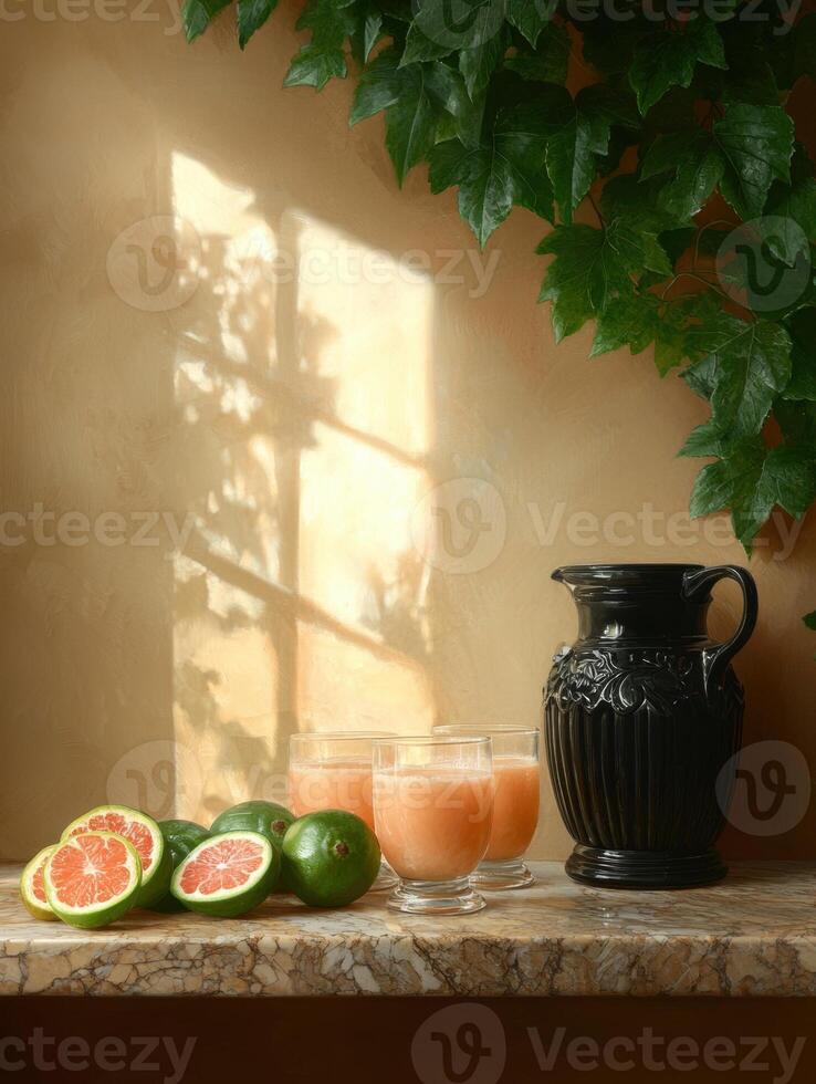 Three glasses of fresh grapefruit juice with sliced grapefruits and limes on a marble surface photo