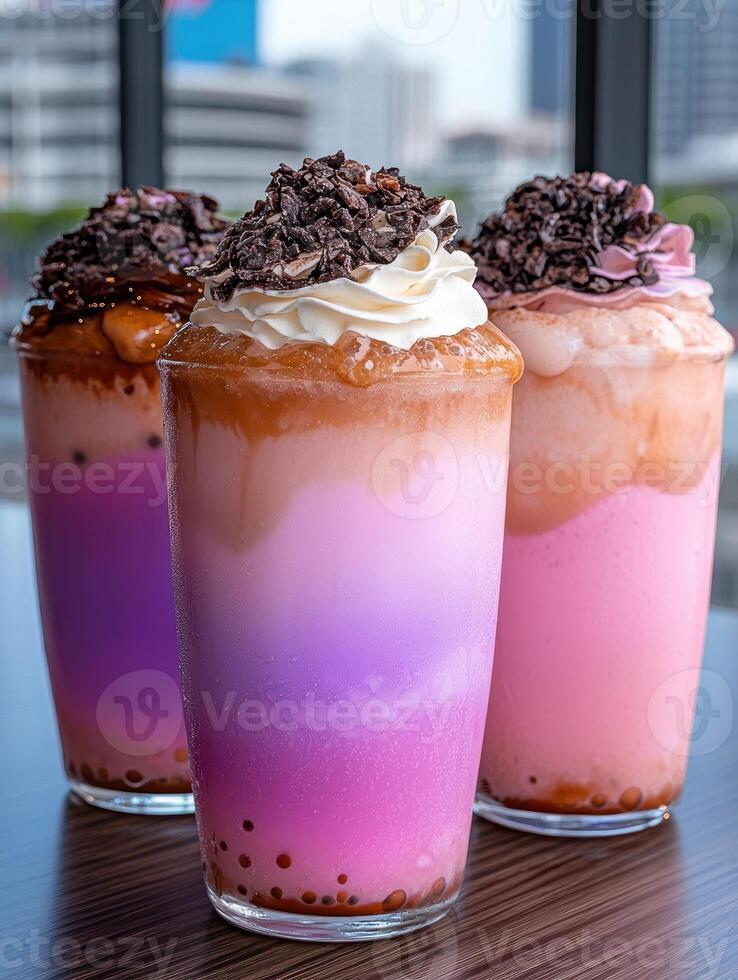 Three colorful bubble tea drinks with whipped cream and chocolate topping photo