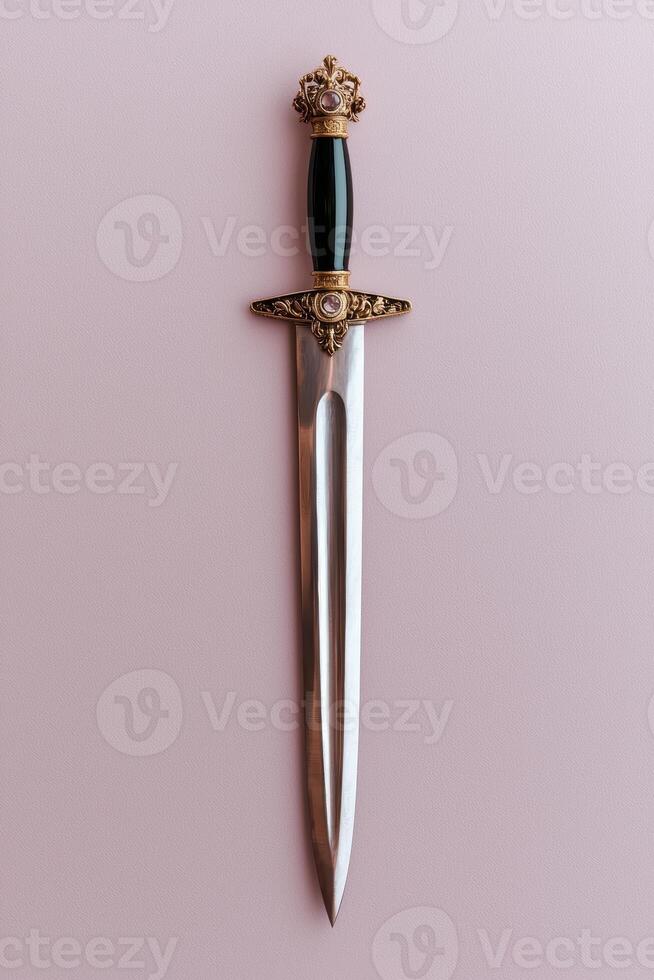 Ornate dagger with jeweled handle on pink background photo