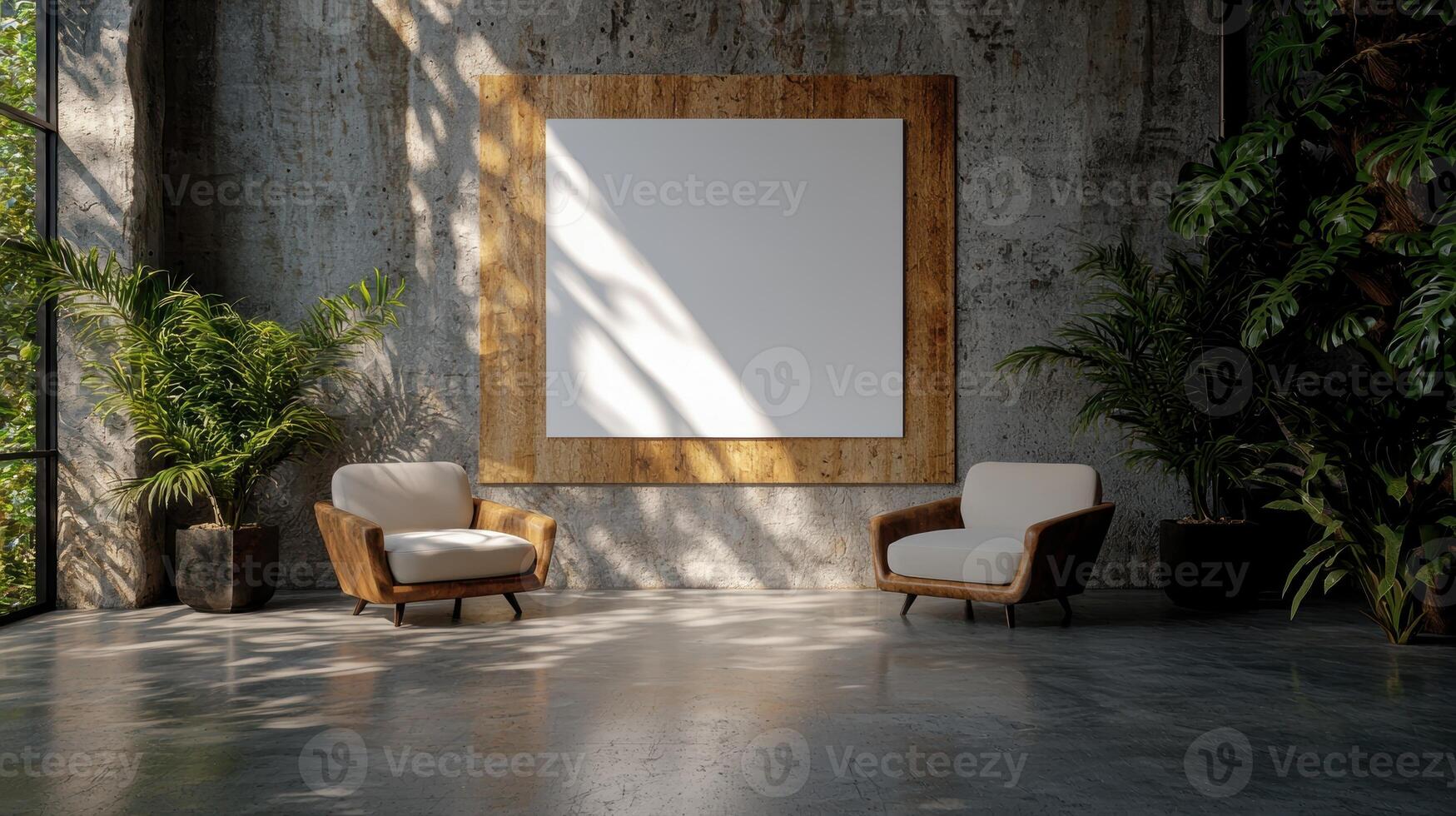 Modern living room interior with two armchairs and a large blank canvas photo