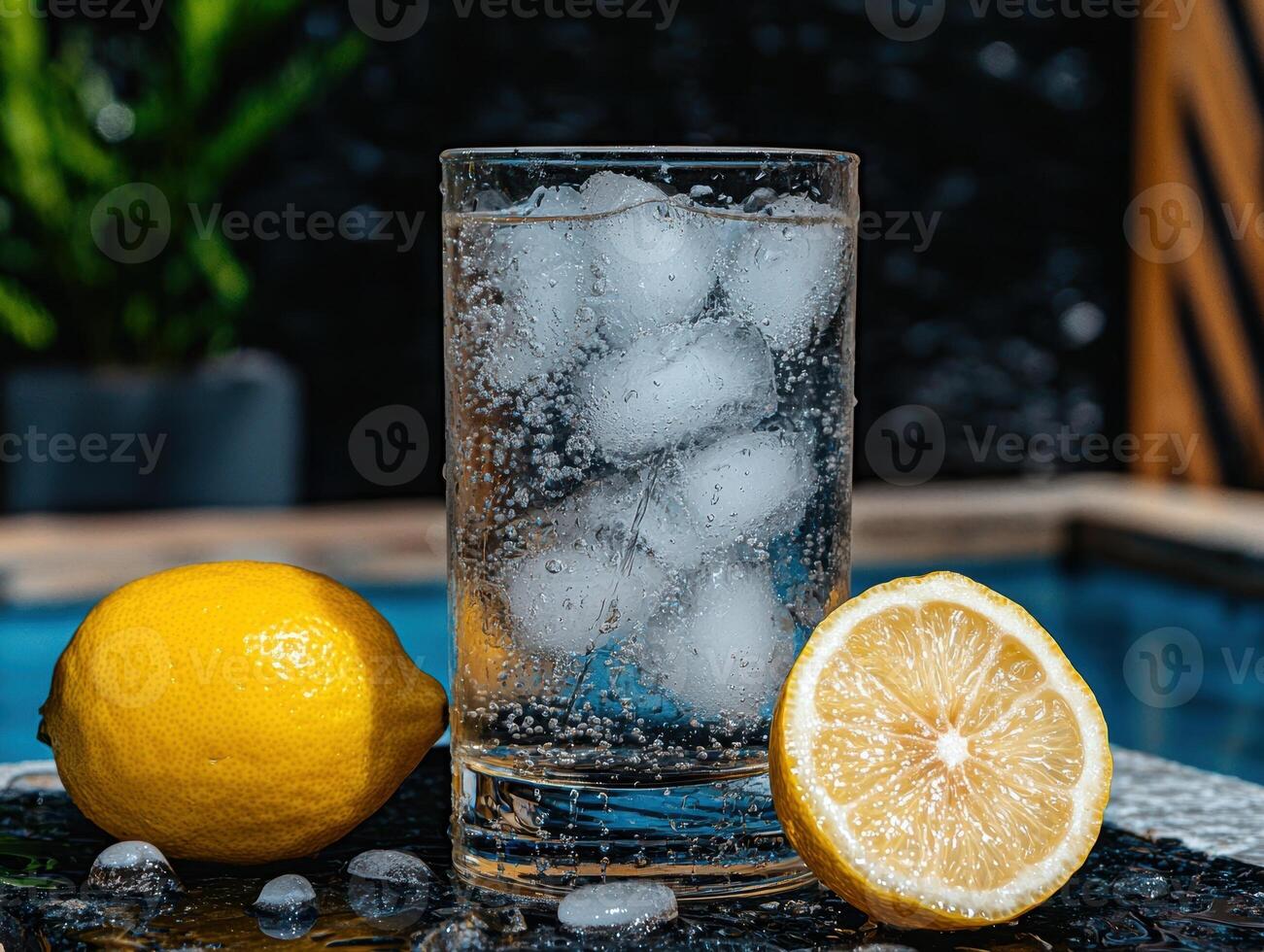 Refreshing sparkling water with ice and lemon slices photo
