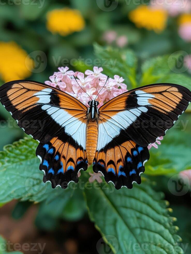 Closeup of a butterfly with orange and black wings on a pink flower photo
