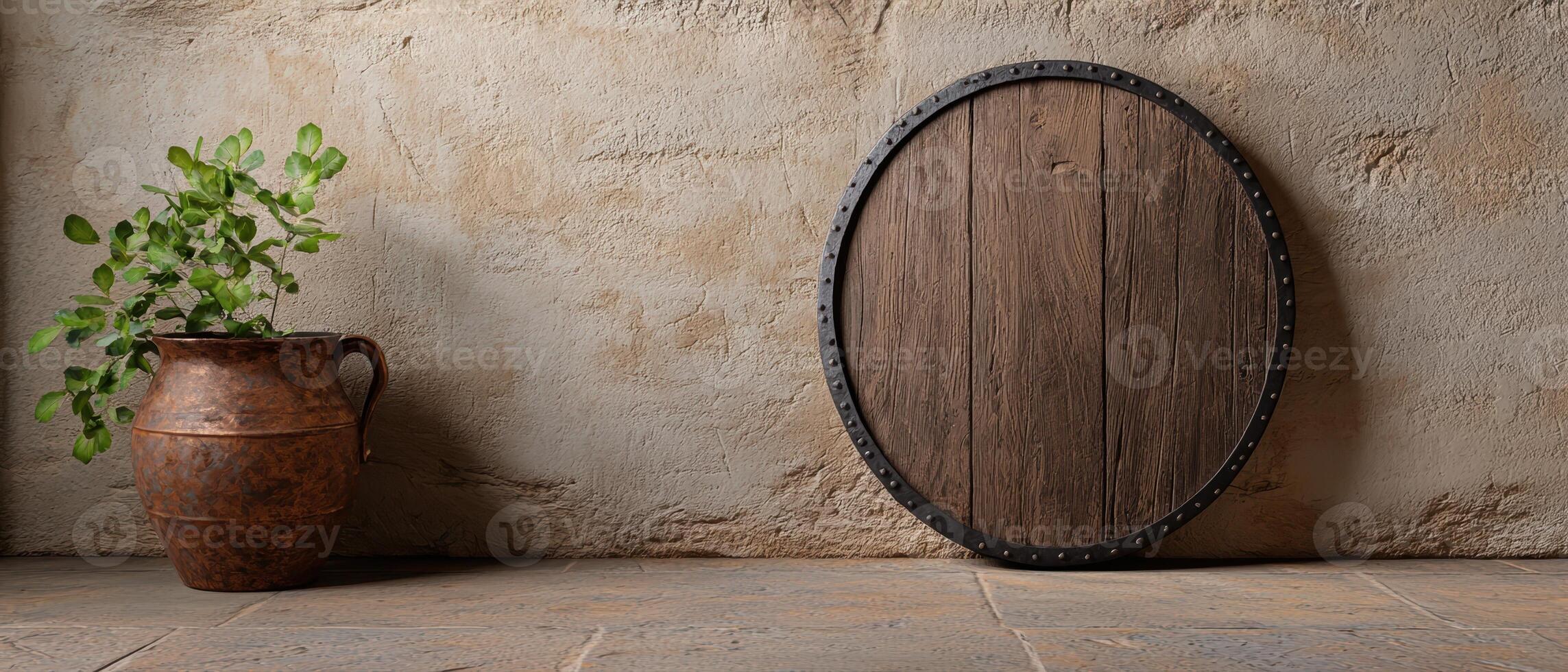 Rustic wooden shield leaning against a textured wall photo