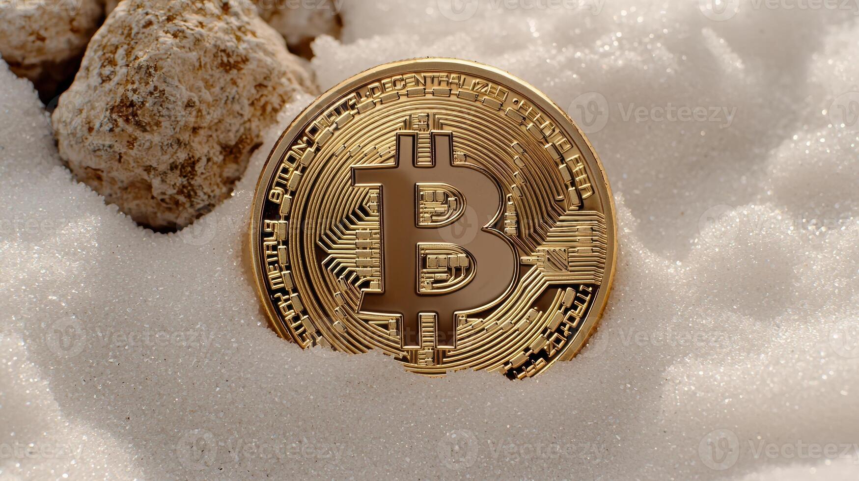 Golden bitcoin in the snow photo