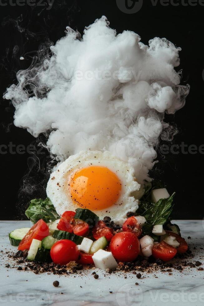 Fried egg with vegetable salad and dry ice photo