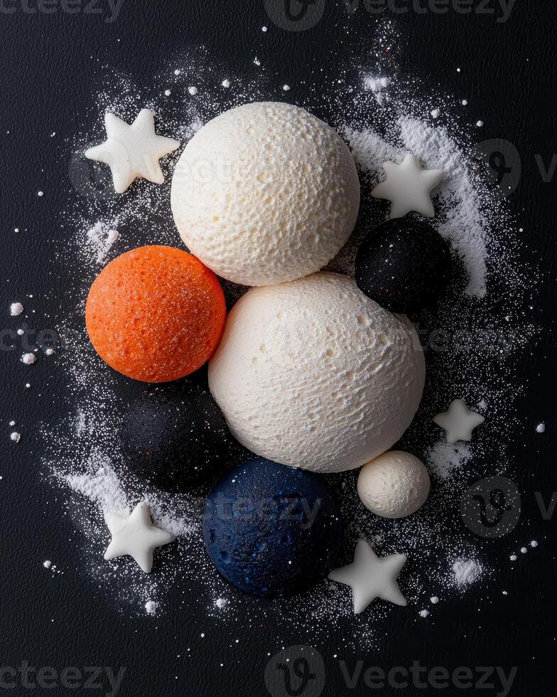 Celestial dessert spheres on dark background photo