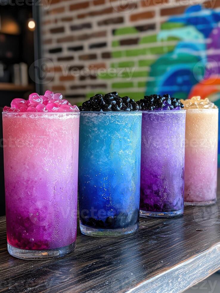 Rainbow bubble tea in a row photo