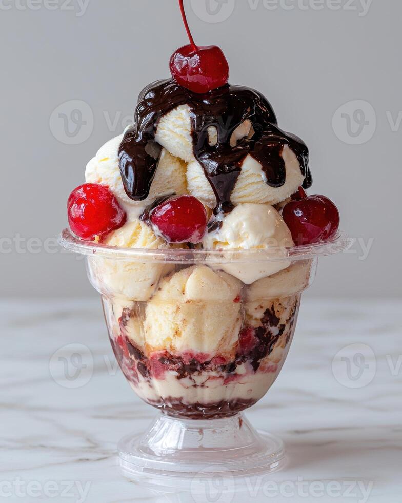 Delicious ice cream sundae with cherries and chocolate sauce photo