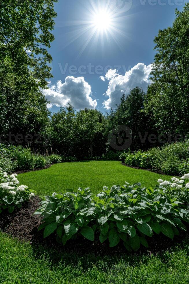Bright sun shines down on a lush green lawn surrounded by trees and flowers photo