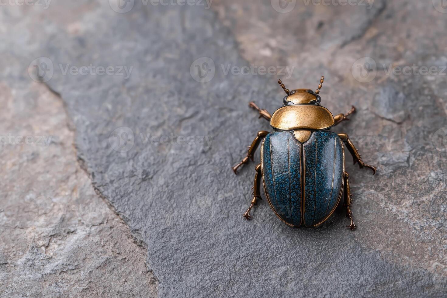 Closeup of a metallic blue and gold beetle on a stone surface photo