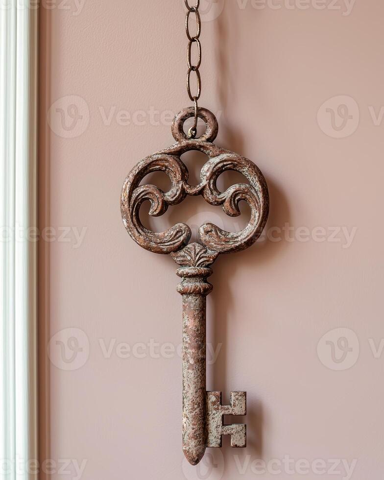 Ornate key hanging on a pink wall photo