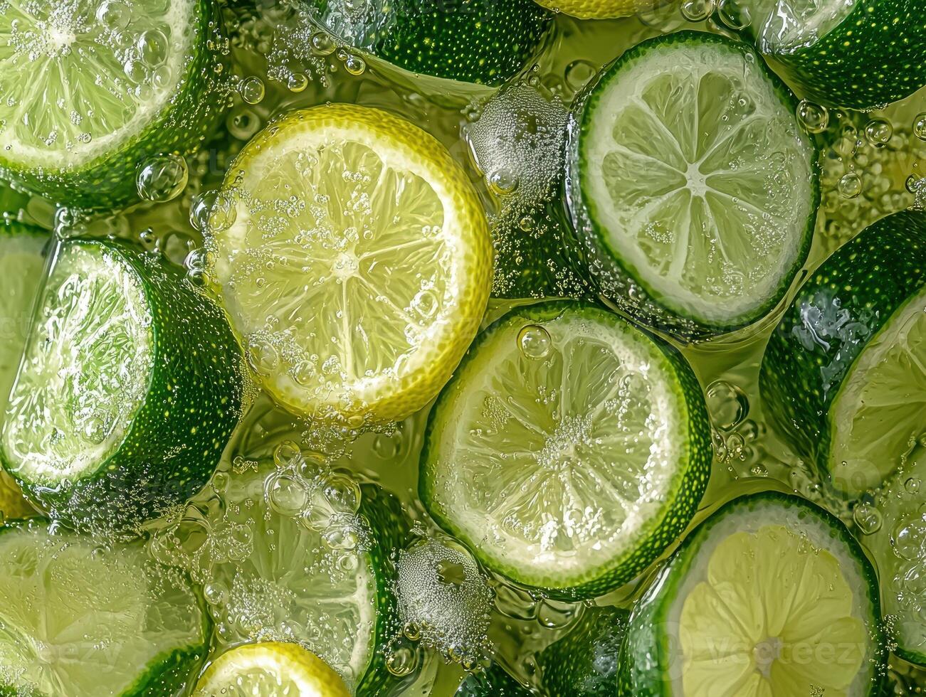 Close up of limes and lemons in sparkling water photo