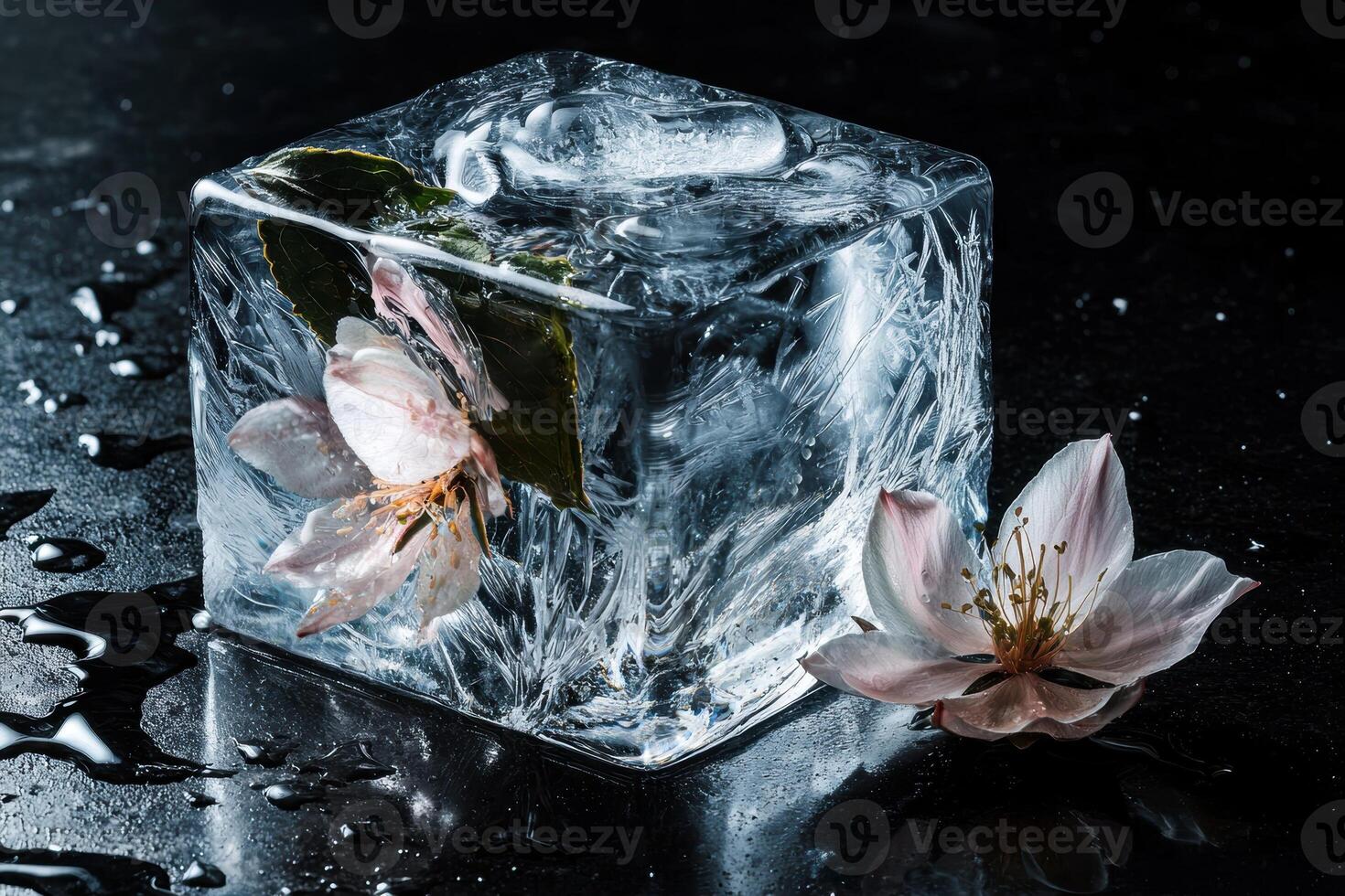 Frozen flower in ice cube on dark background photo