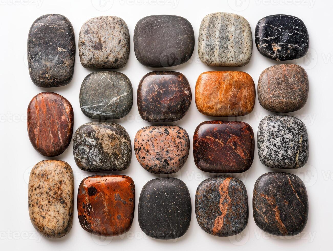 Collection of smooth, colorful stones arranged in a grid pattern photo