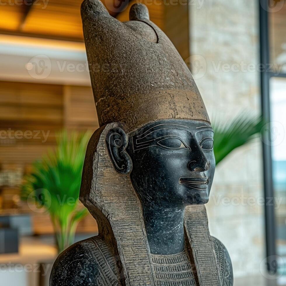 Close up of an ancient Egyptian statue in a modern building photo