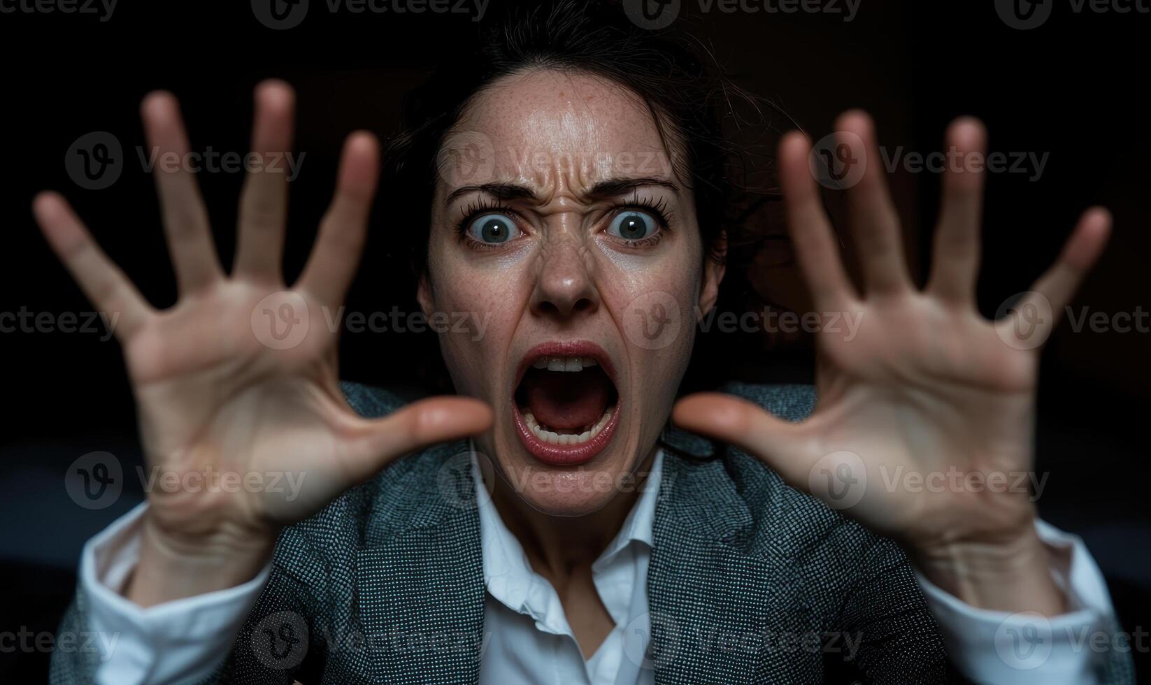 Fearful woman with hands up, screaming photo